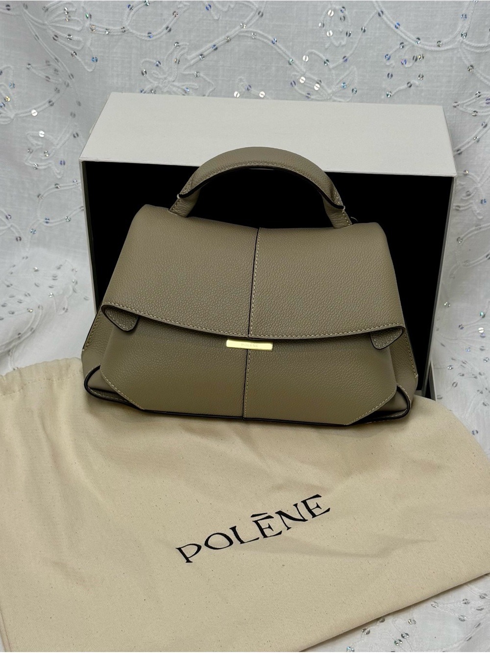 Polène Mokki Mini Taupe Leather Top Handle Crossbody Bag NIB Made in Spain